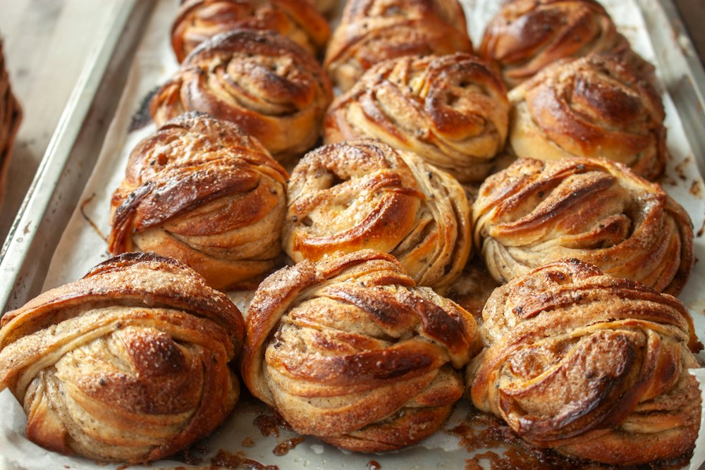 A tray of freshly baked cinnamon buns